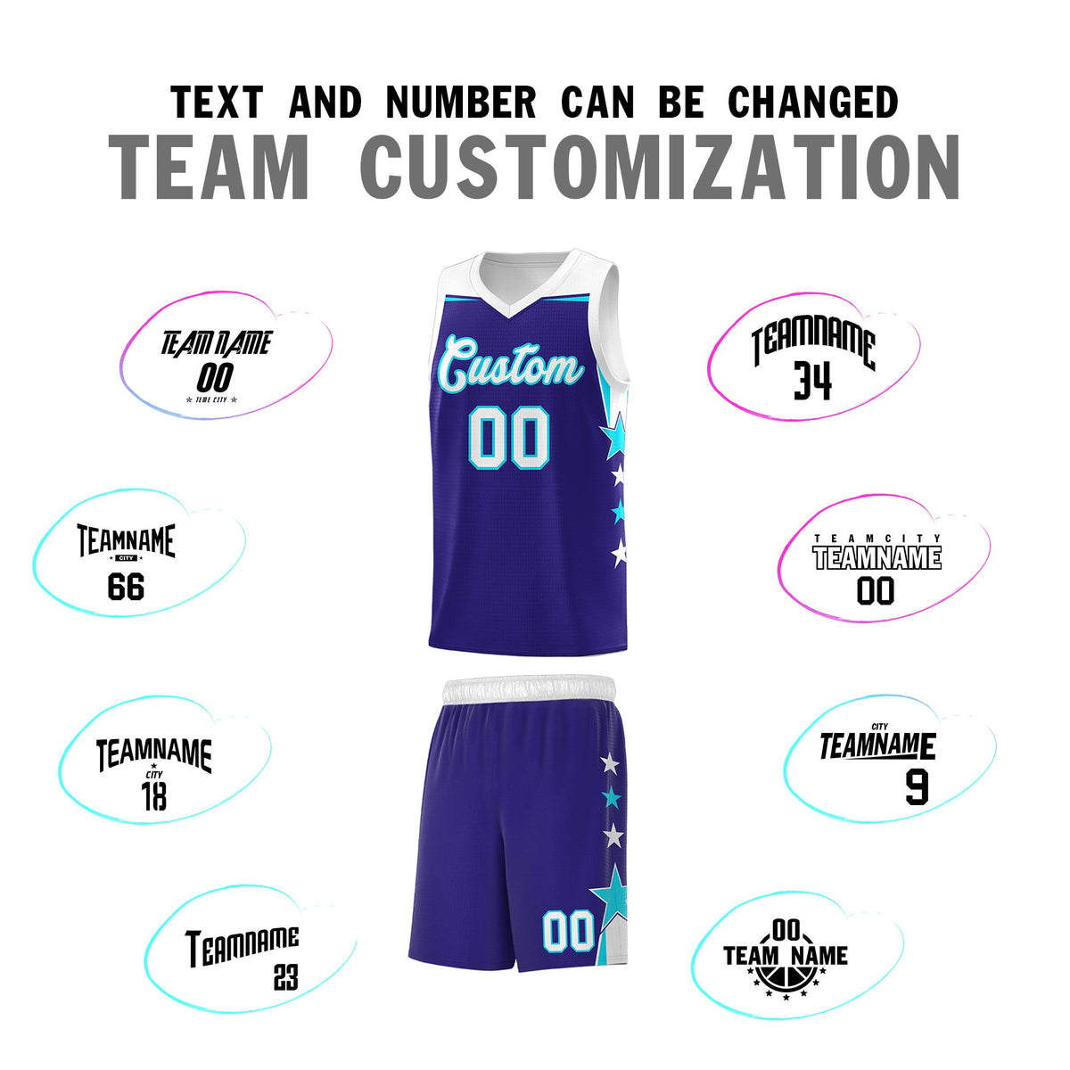 Custom Youth Basketball Uniform Royal White Two Tone Side Star Add Name Number &amp; Logo