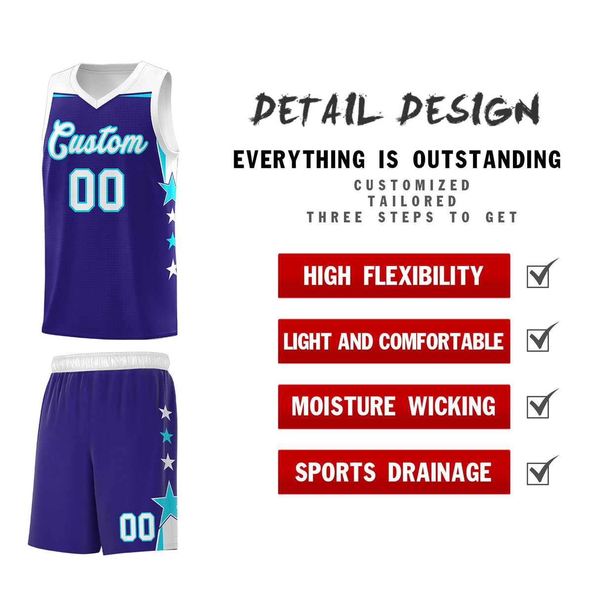 Custom Youth Basketball Uniform Royal White Two Tone Side Star Add Name Number &amp; Logo