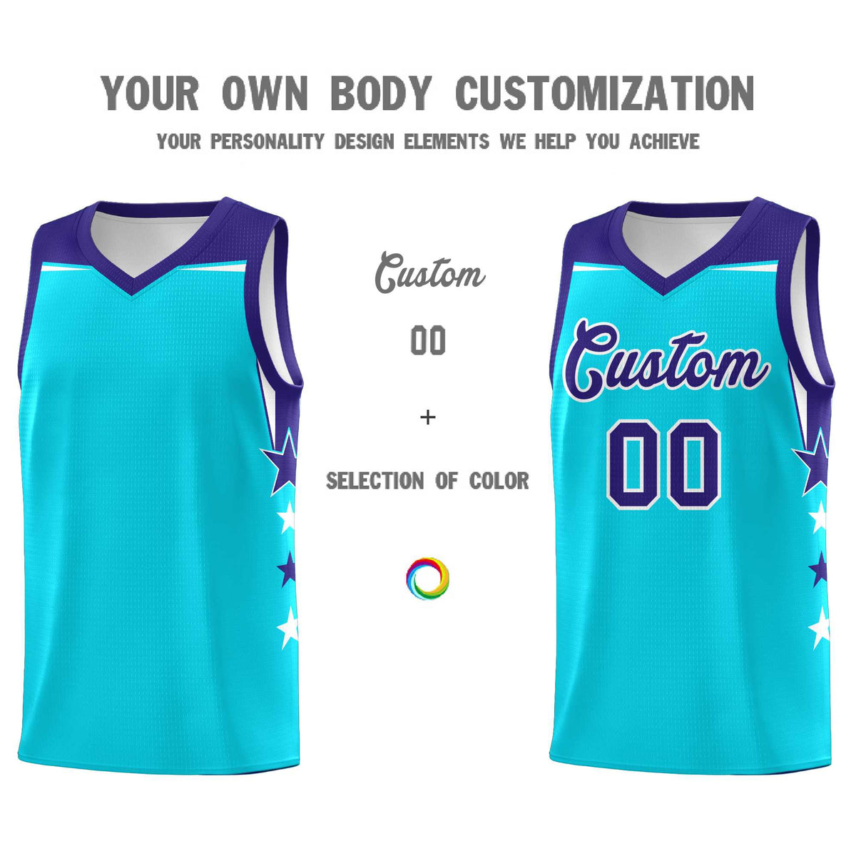 Custom Youth Basketball Uniform Sky Blue Royal Two Tone Side Star Personalized Team Jersey