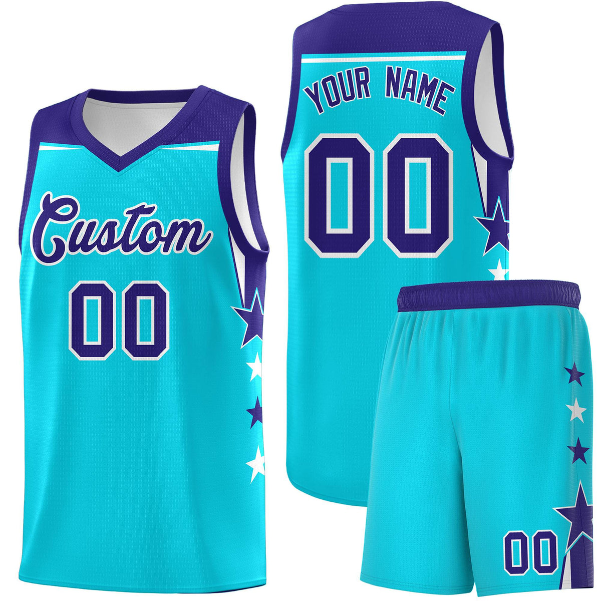 Custom Youth Basketball Uniform Sky Blue Royal Two Tone Side Star Personalized Team Jersey