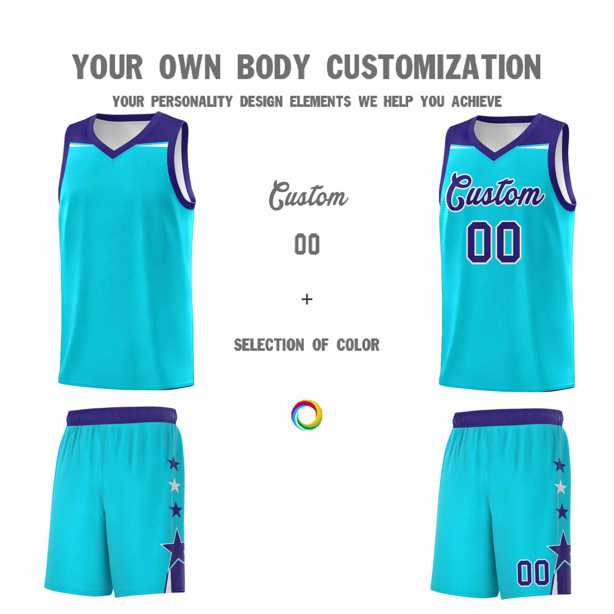 Custom Youth Basketball Uniform Sky Blue Royal Two Tone Side Star Personalized Team Jersey