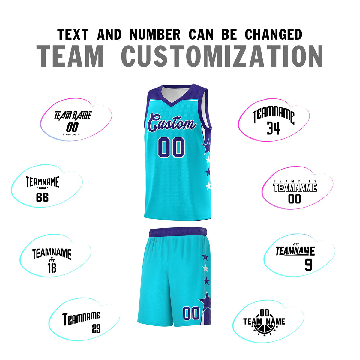 Custom Youth Basketball Uniform Sky Blue Royal Two Tone Side Star Personalized Team Jersey