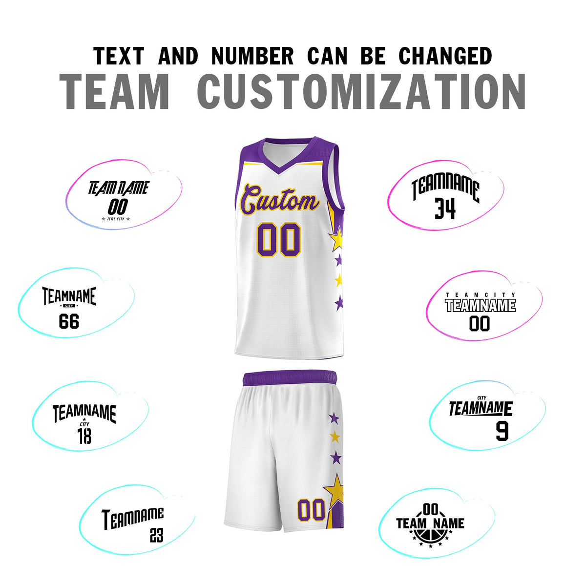 Custom Youth Basketball Uniform White Purple Two Tone Side Star Color Block Team Jersey