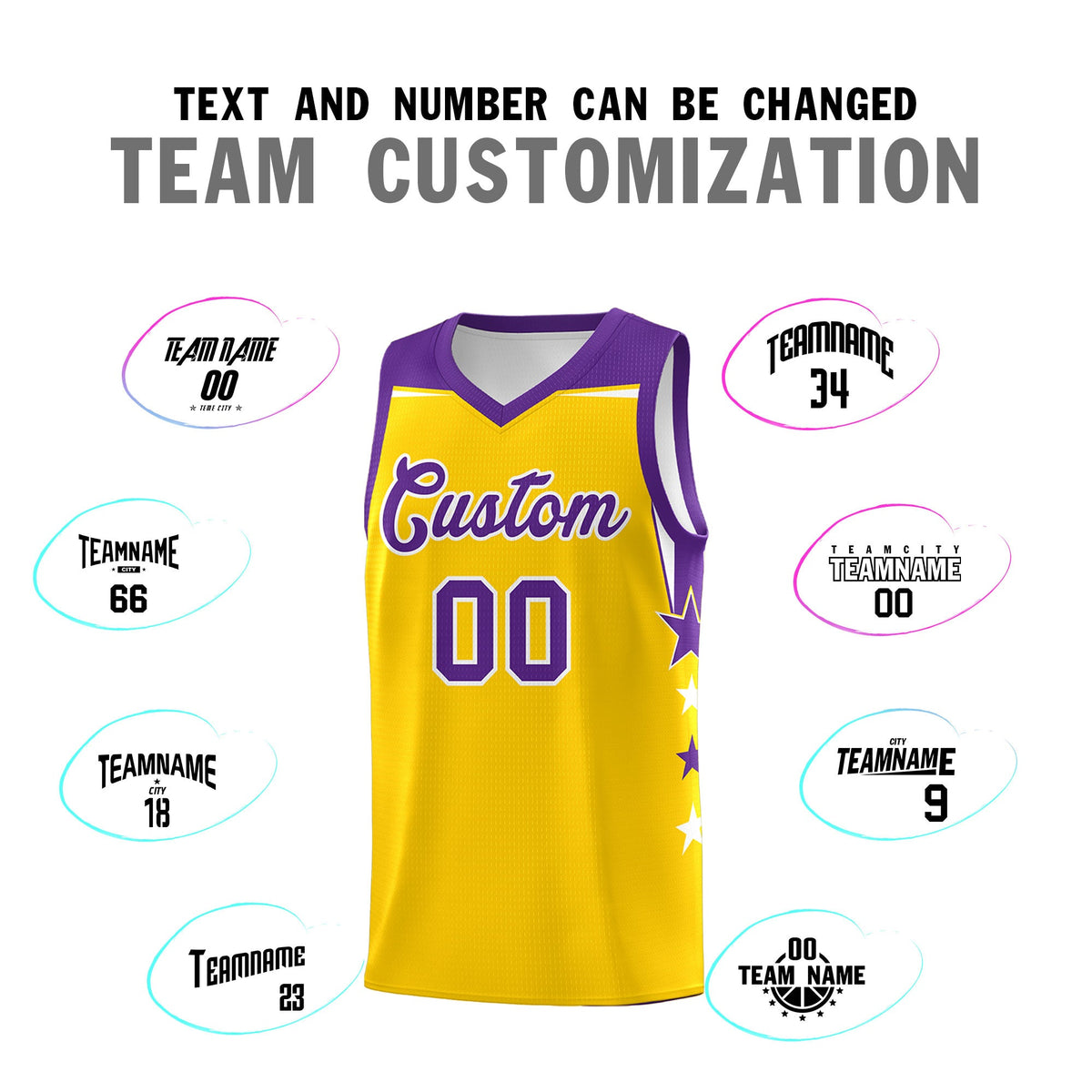 Custom Youth Basketball Uniform Gold Purple Two Tone Side Star Personalized Team Jersey