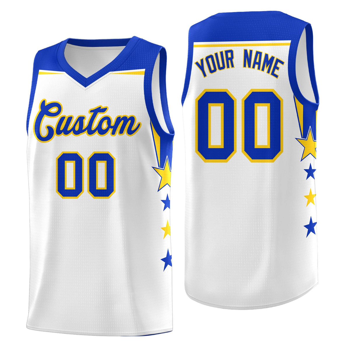 Custom Youth Basketball Uniform White Royal Two Tone Side Star Color Block Team Jersey