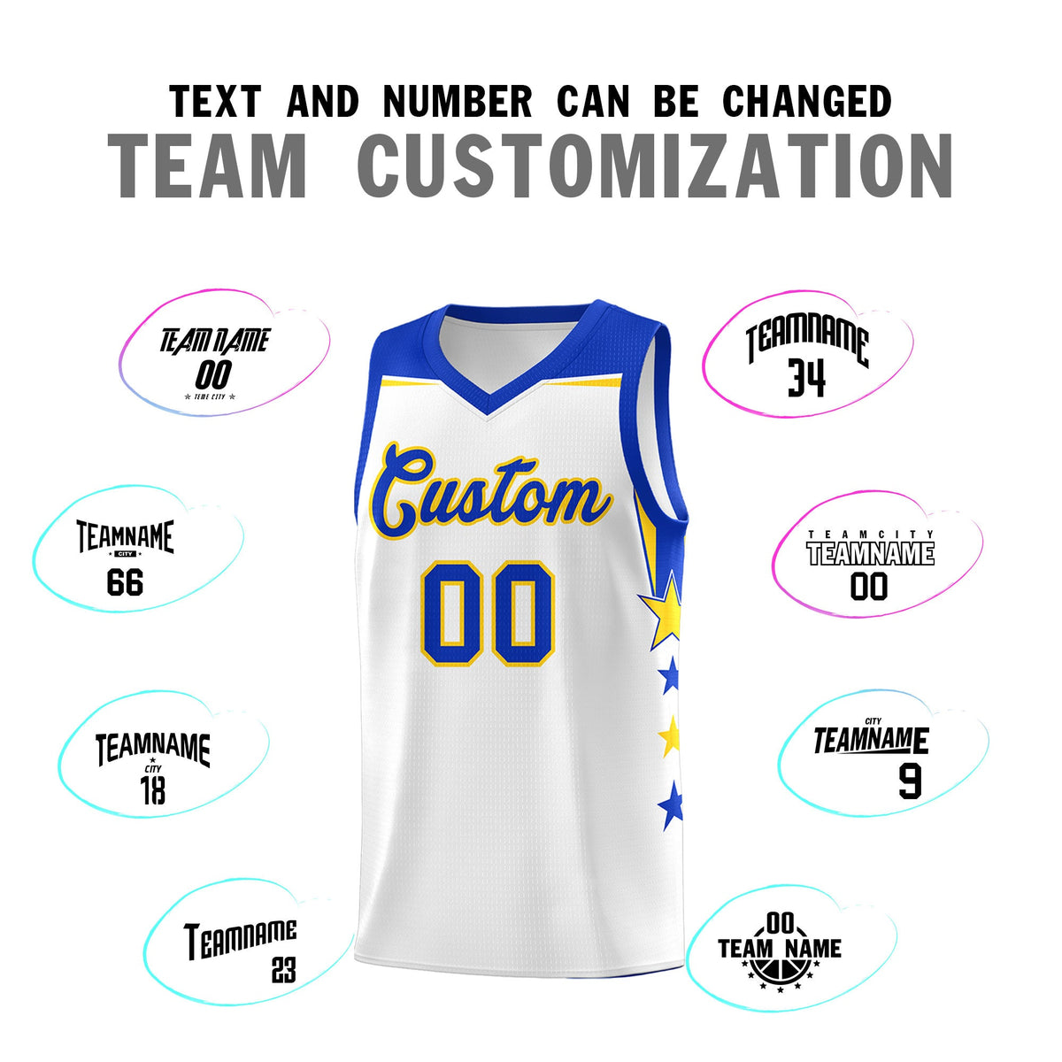 Custom Youth Basketball Uniform White Royal Two Tone Side Star Color Block Team Jersey