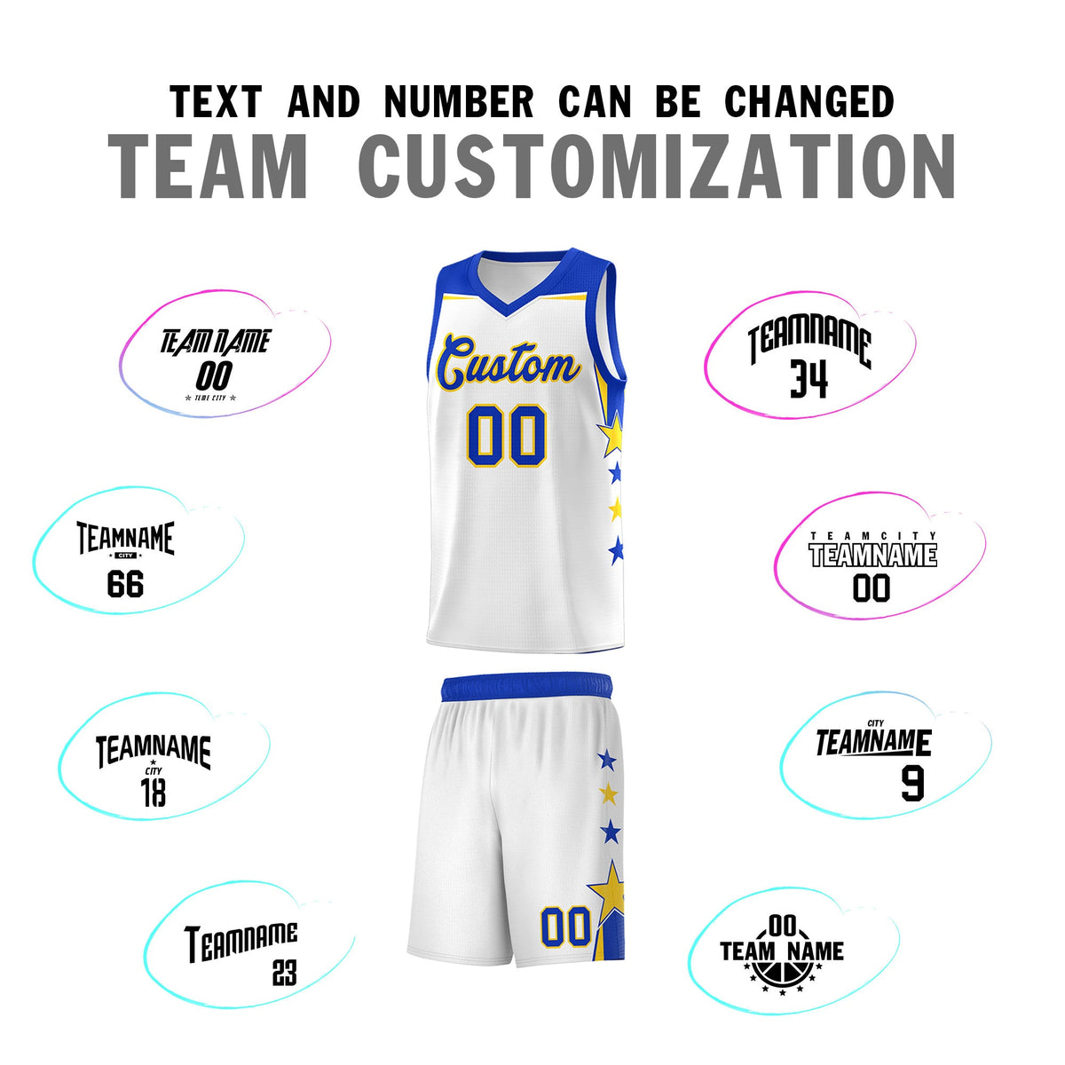 Custom Youth Basketball Uniform White Royal Two Tone Side Star Color Block Team Jersey
