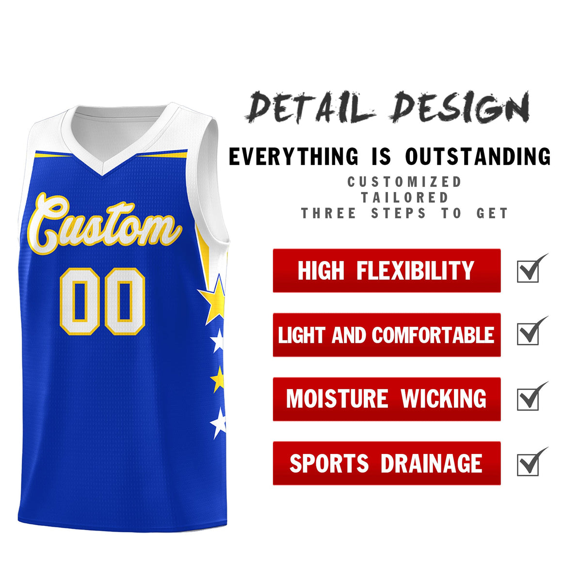 Custom Youth Basketball Uniform Royal White Two Tone Side Star Add Name Number &amp; Logo