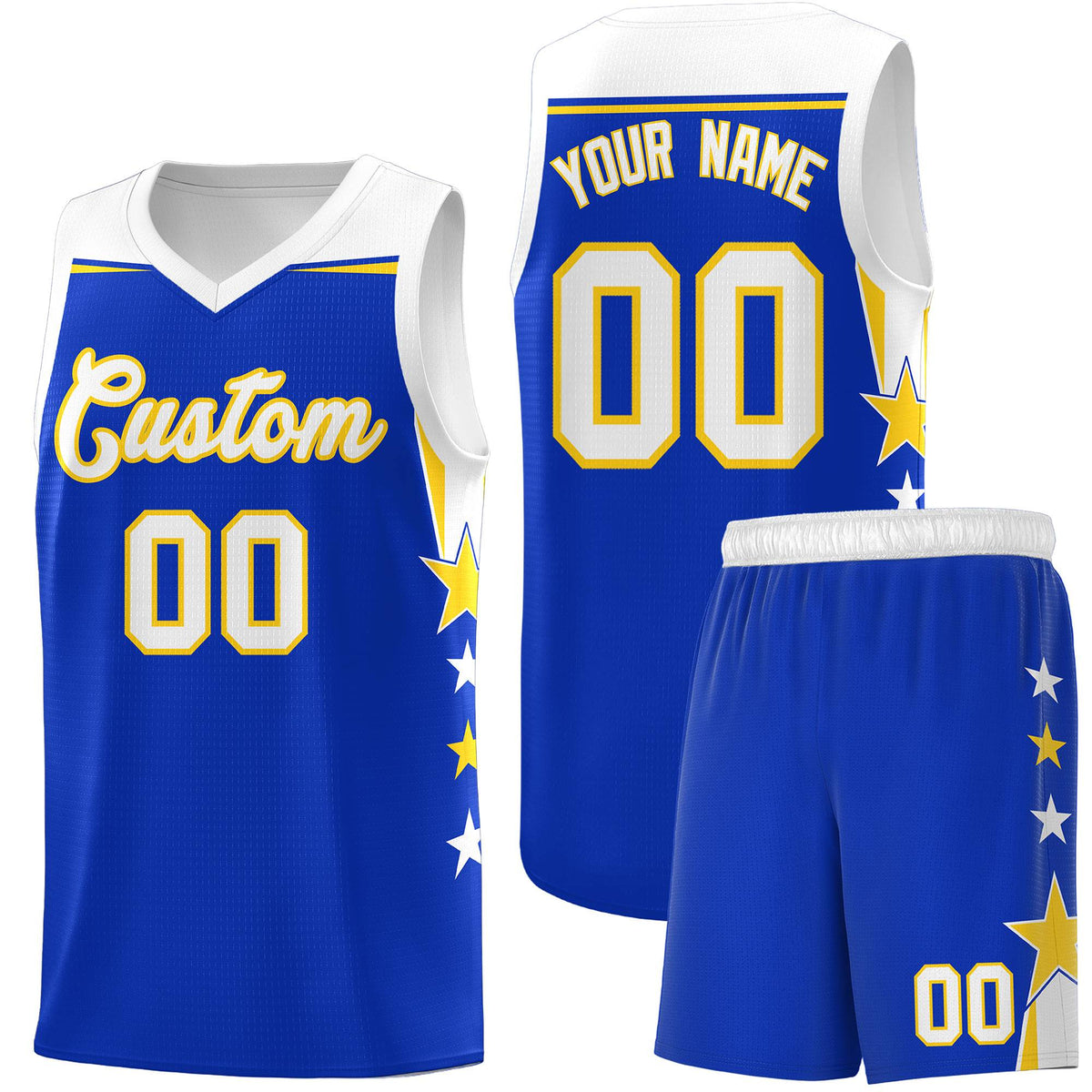 Custom Youth Basketball Uniform Royal White Two Tone Side Star Add Name Number &amp; Logo