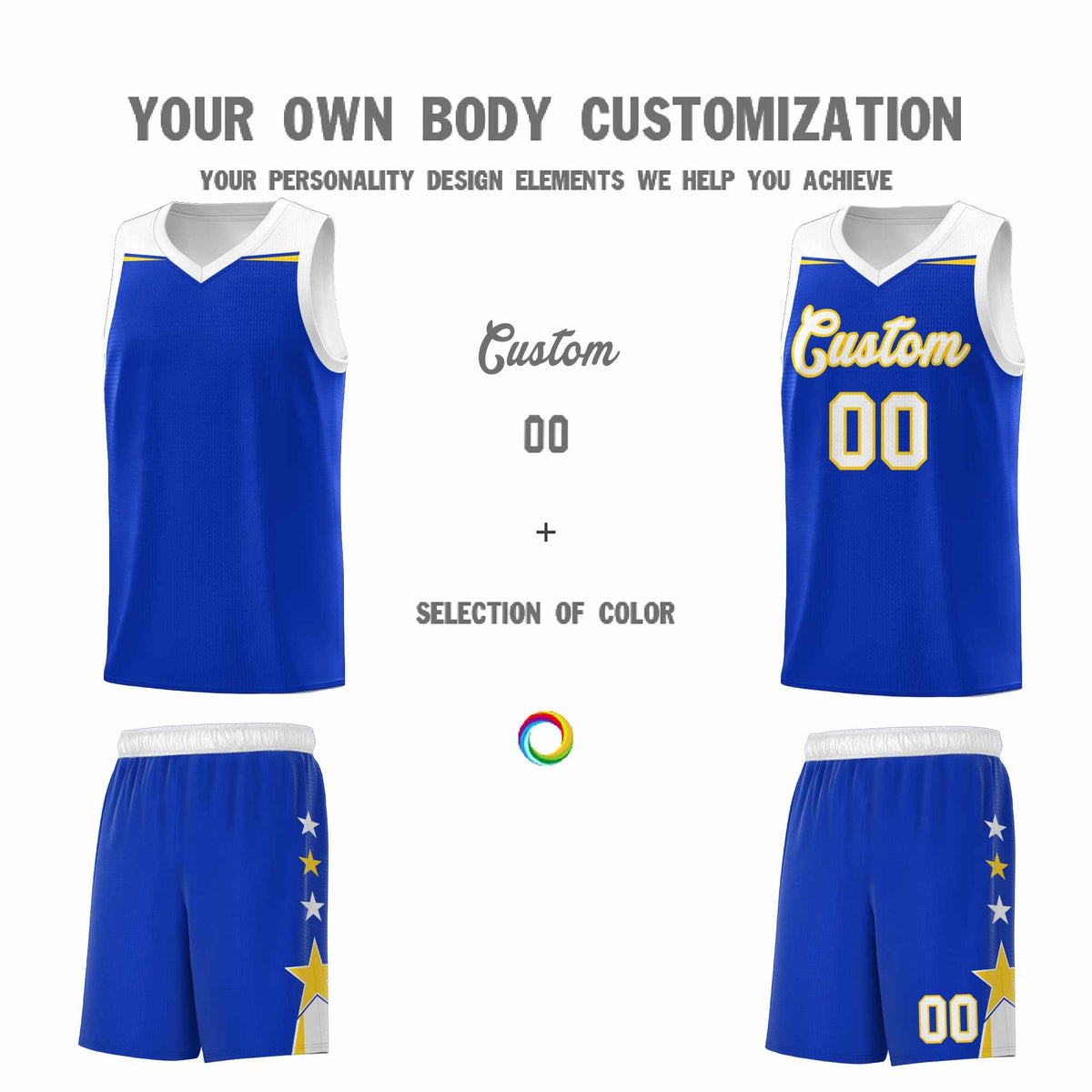 Custom Youth Basketball Uniform Royal White Two Tone Side Star Add Name Number &amp; Logo