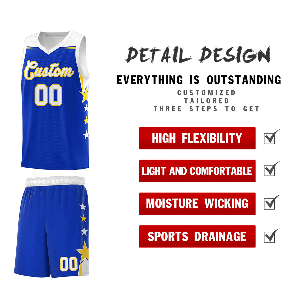 Custom Youth Basketball Uniform Royal White Two Tone Side Star Add Name Number &amp; Logo