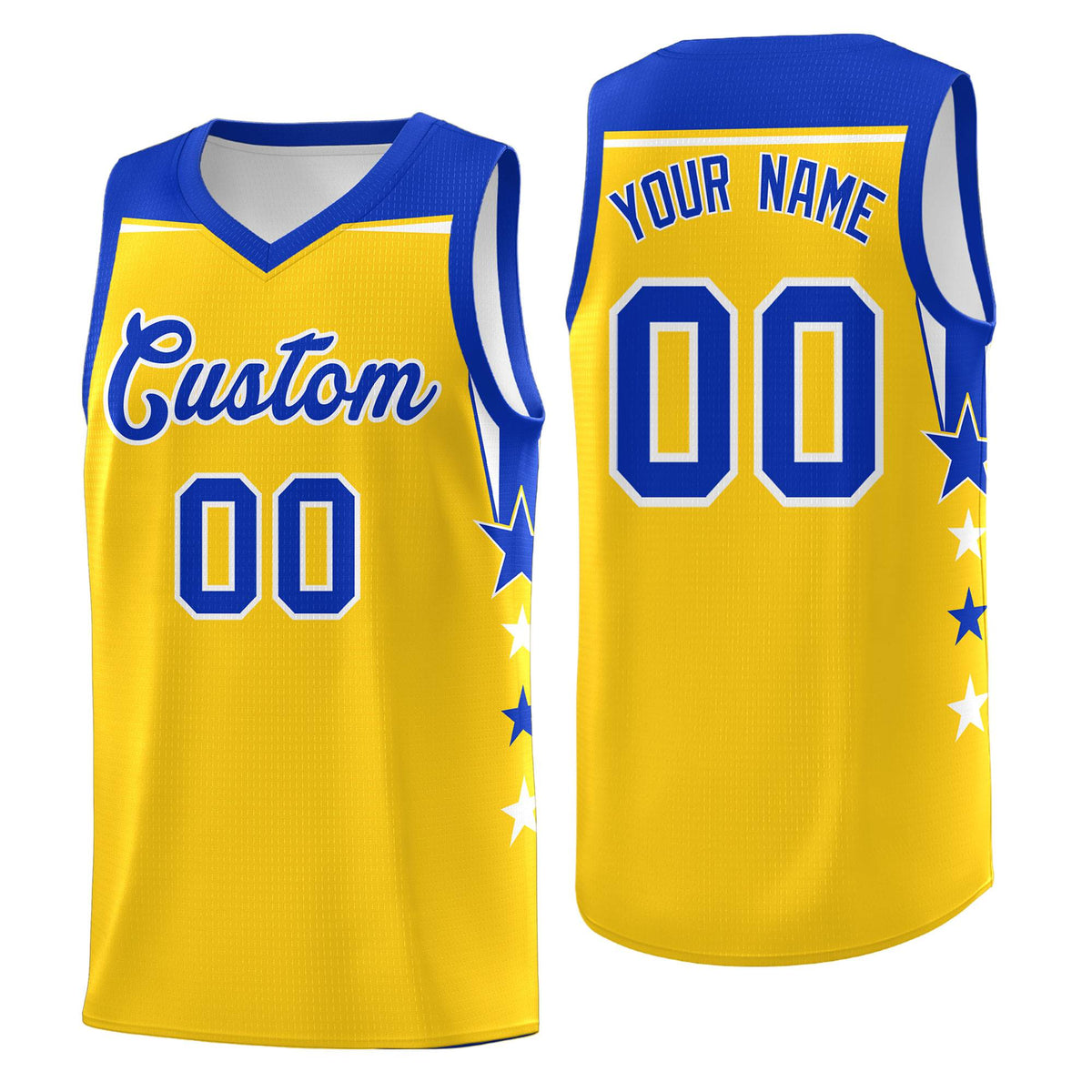 Custom Youth Basketball Uniform Gold Royal Two Tone Side Star Personalized Team Jersey