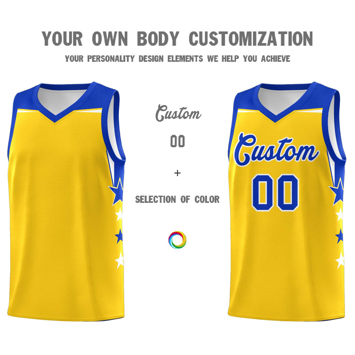 Custom Youth Basketball Uniform Gold Royal Two Tone Side Star Personalized Team Jersey