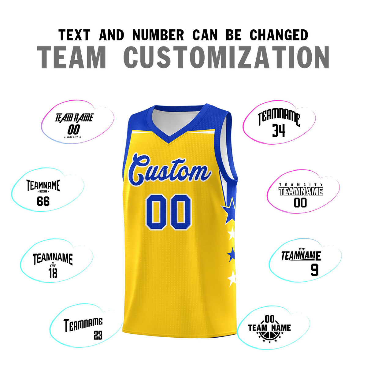 Custom Youth Basketball Uniform Gold Royal Two Tone Side Star Personalized Team Jersey