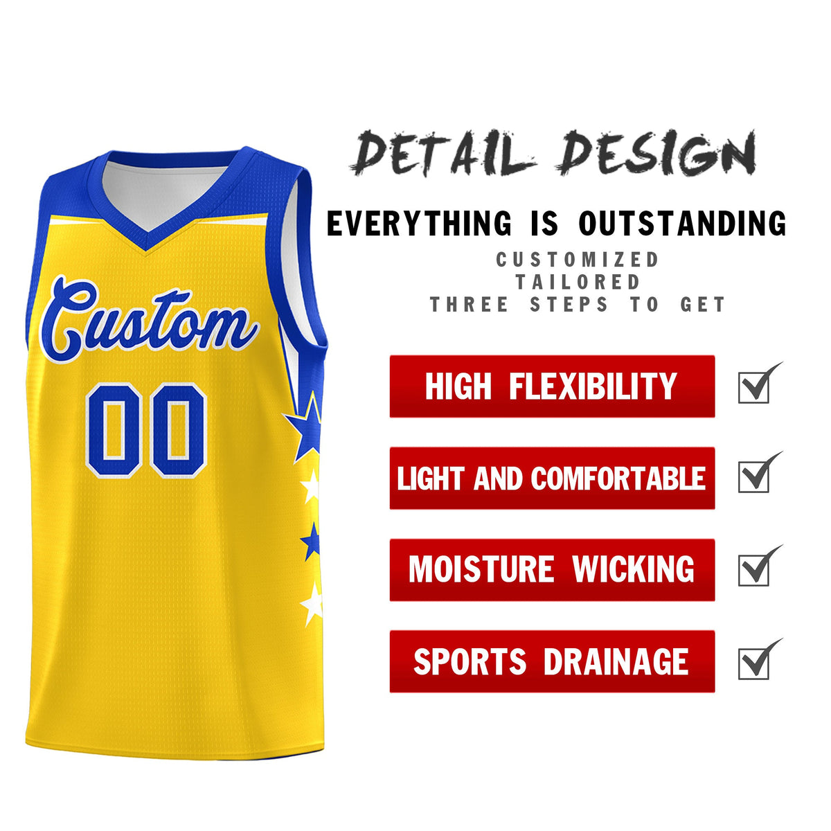 Custom Youth Basketball Uniform Gold Royal Two Tone Side Star Personalized Team Jersey