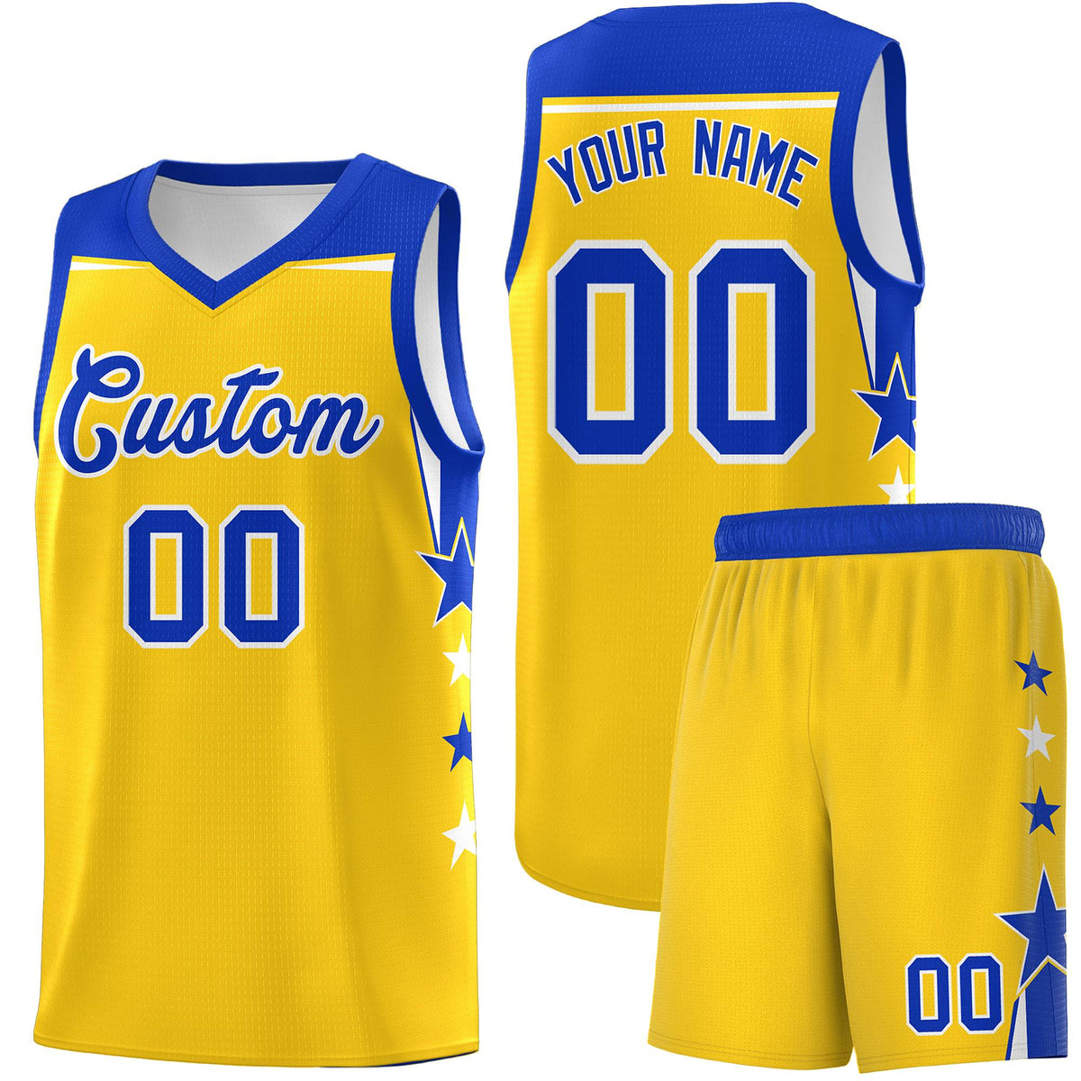 Custom Youth Basketball Uniform Gold Royal Two Tone Side Star Personalized Team Jersey