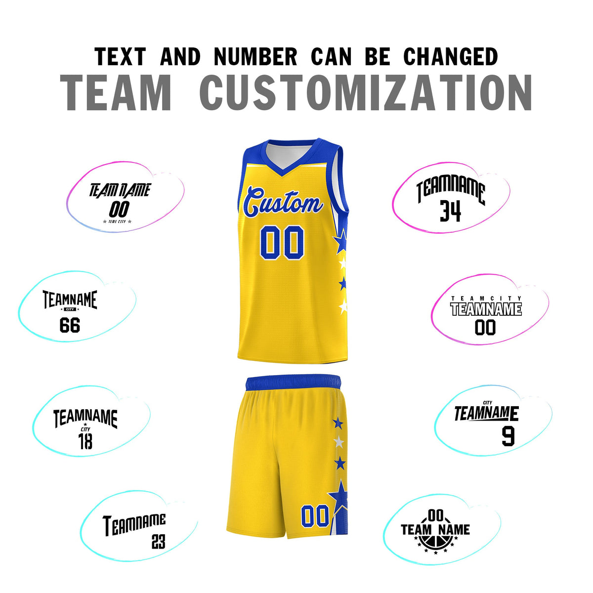Custom Youth Basketball Uniform Gold Royal Two Tone Side Star Personalized Team Jersey