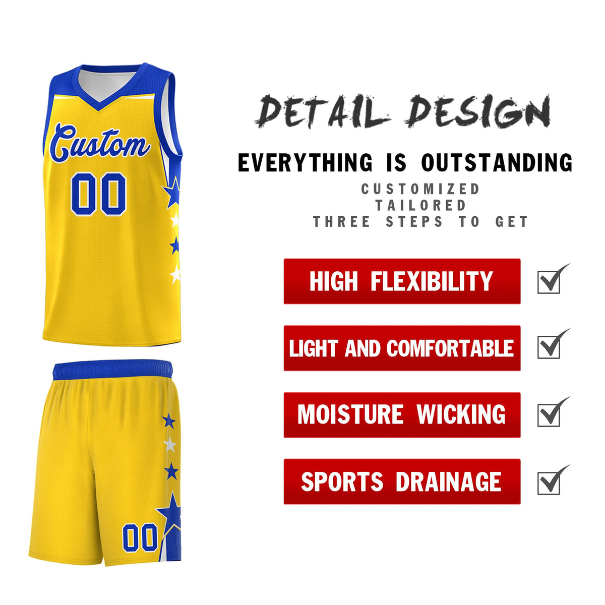 Custom Youth Basketball Uniform Gold Royal Two Tone Side Star Personalized Team Jersey