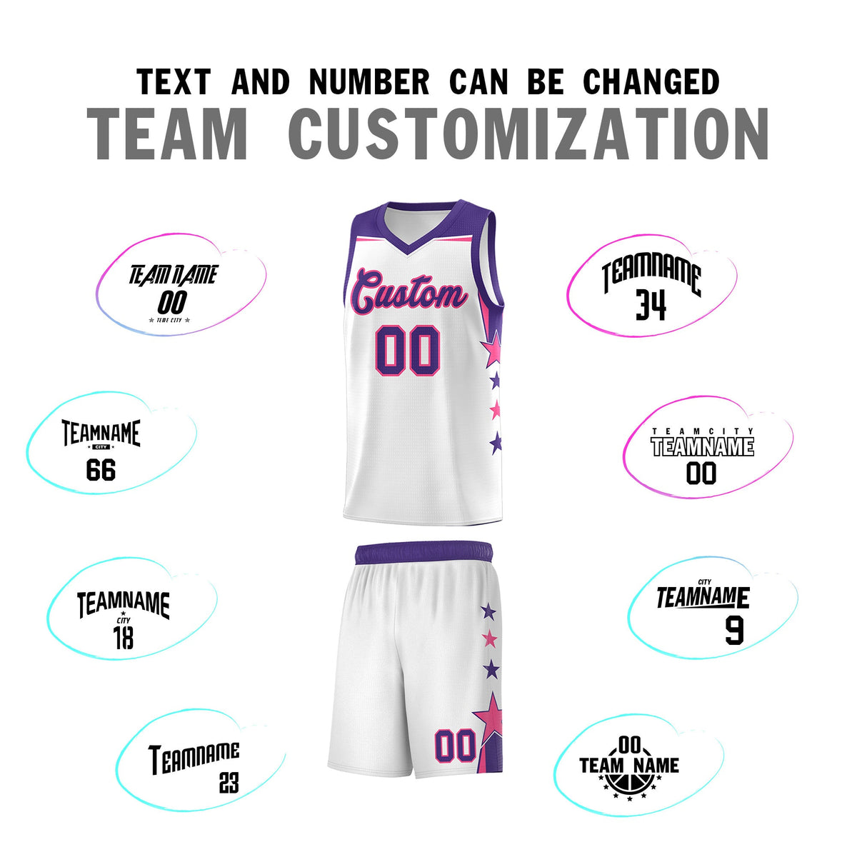 Custom Youth Basketball Uniform White Purple Two Tone Side Star Color Block Team Jersey