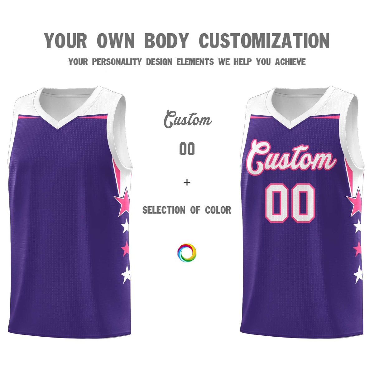 Custom Youth Basketball Uniform Purple White Two Tone Side Star Personalized Team Jersey