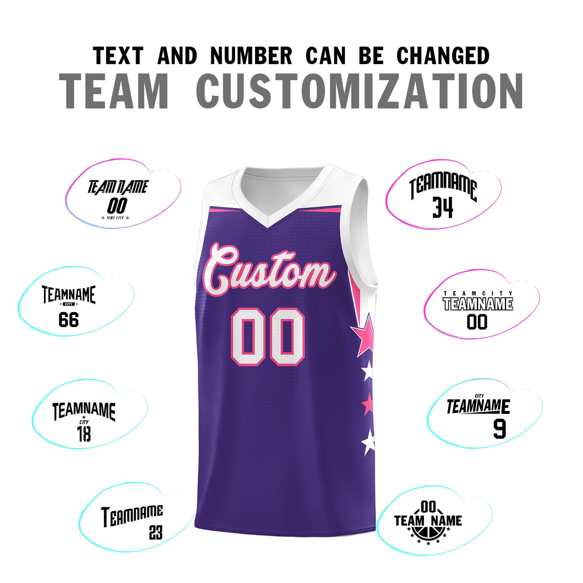 Custom Youth Basketball Uniform Purple White Two Tone Side Star Personalized Team Jersey