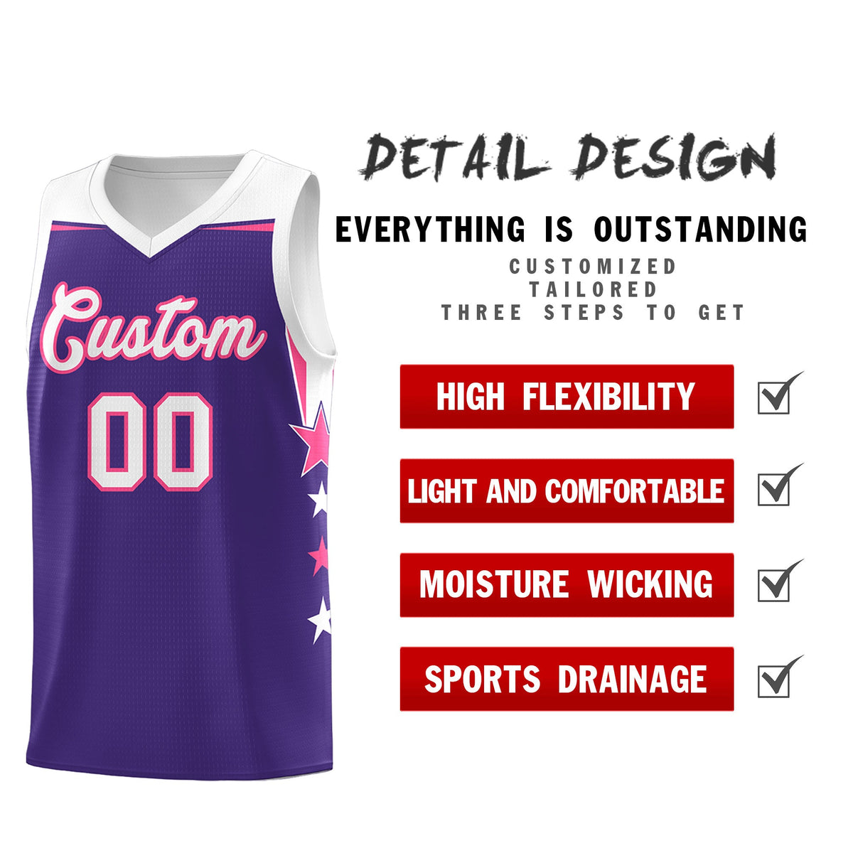 Custom Youth Basketball Uniform Purple White Two Tone Side Star Personalized Team Jersey