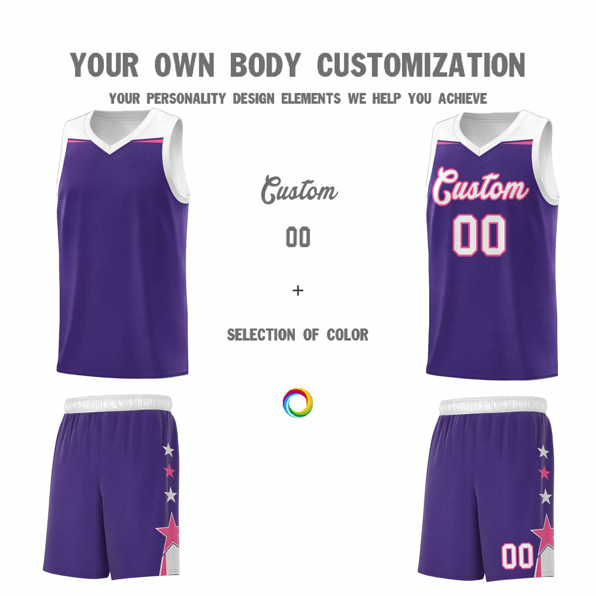 Custom Youth Basketball Uniform Purple White Two Tone Side Star Personalized Team Jersey