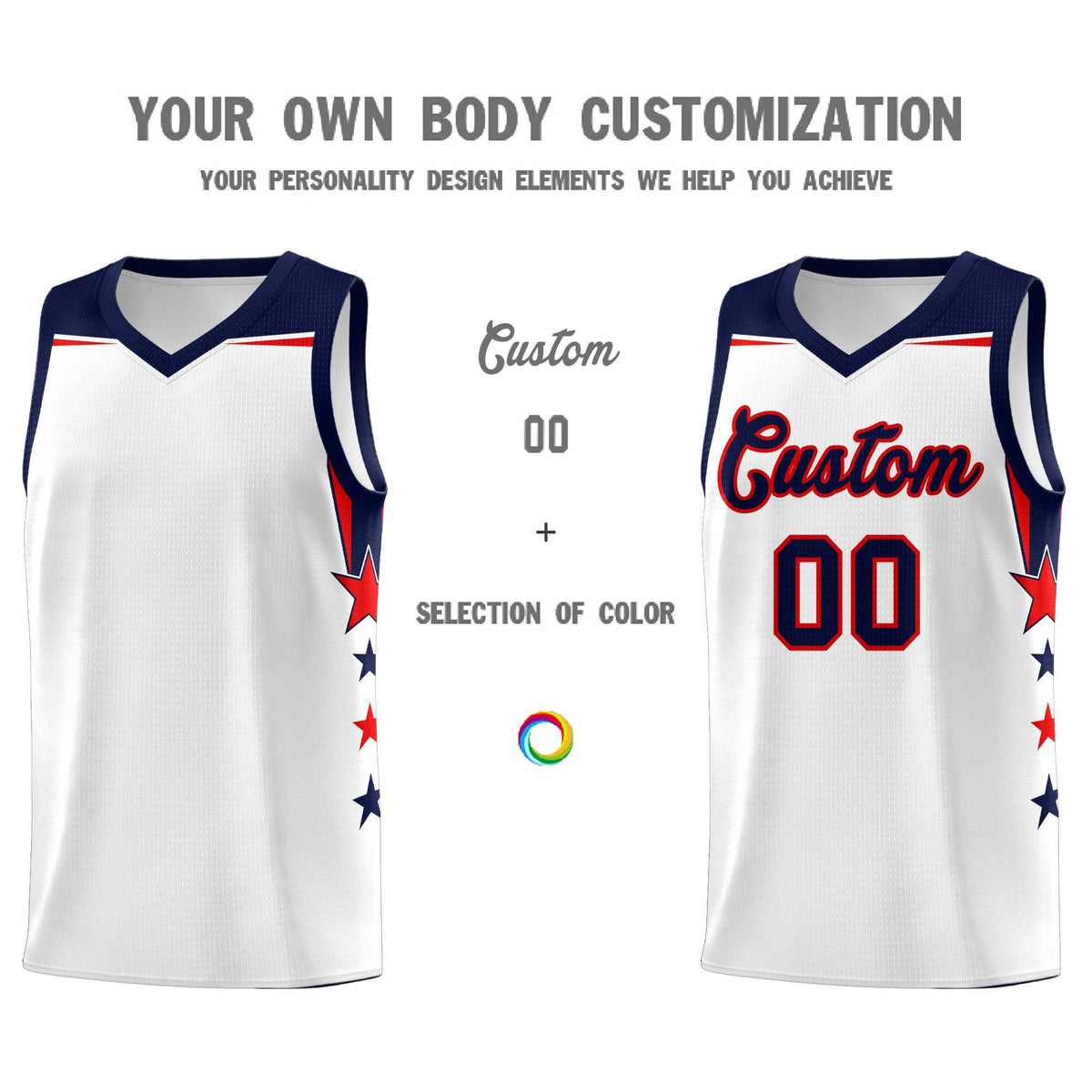Custom Youth Basketball Uniform White Navy Two Tone Side Star Color Block Team Jersey
