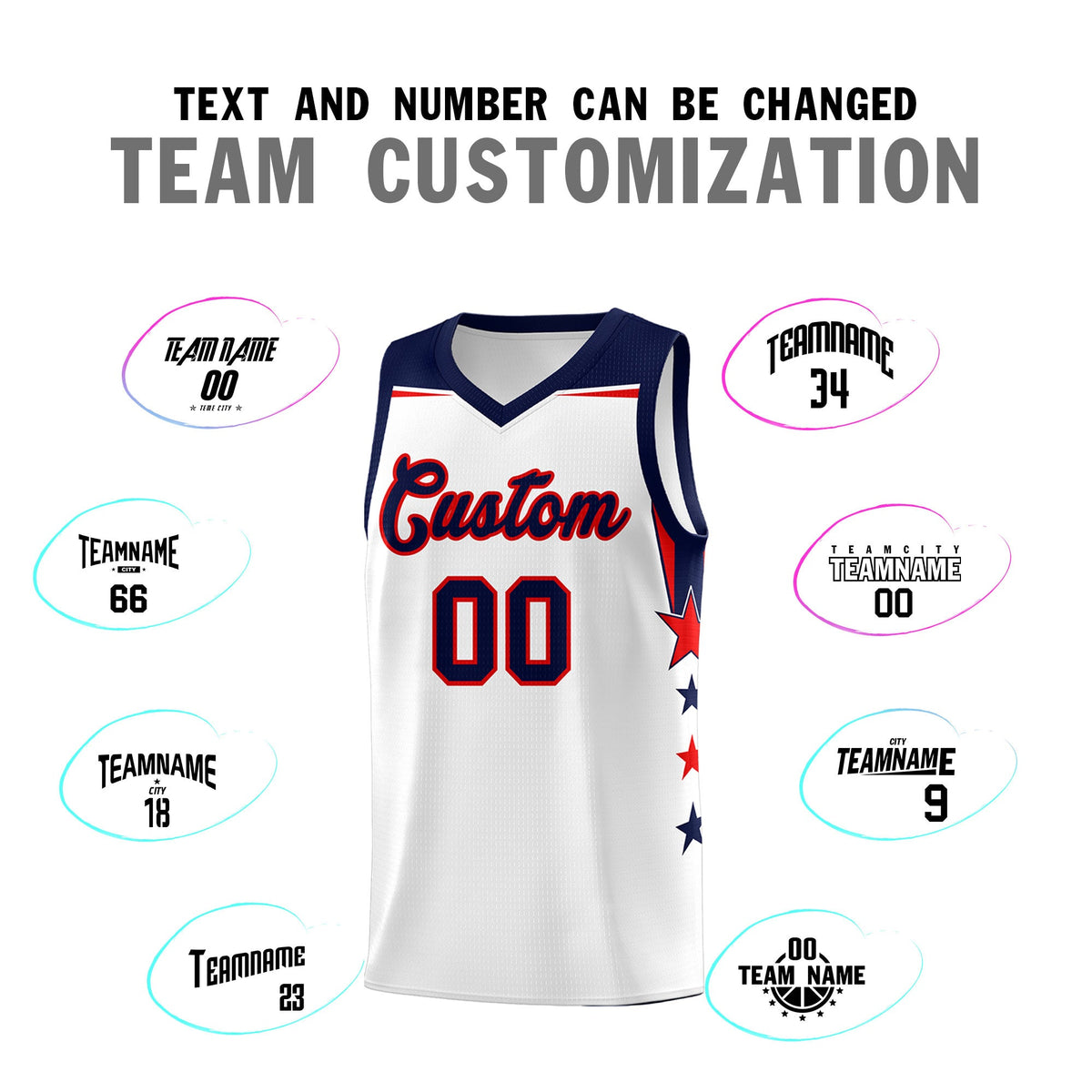 Custom Youth Basketball Uniform White Navy Two Tone Side Star Color Block Team Jersey