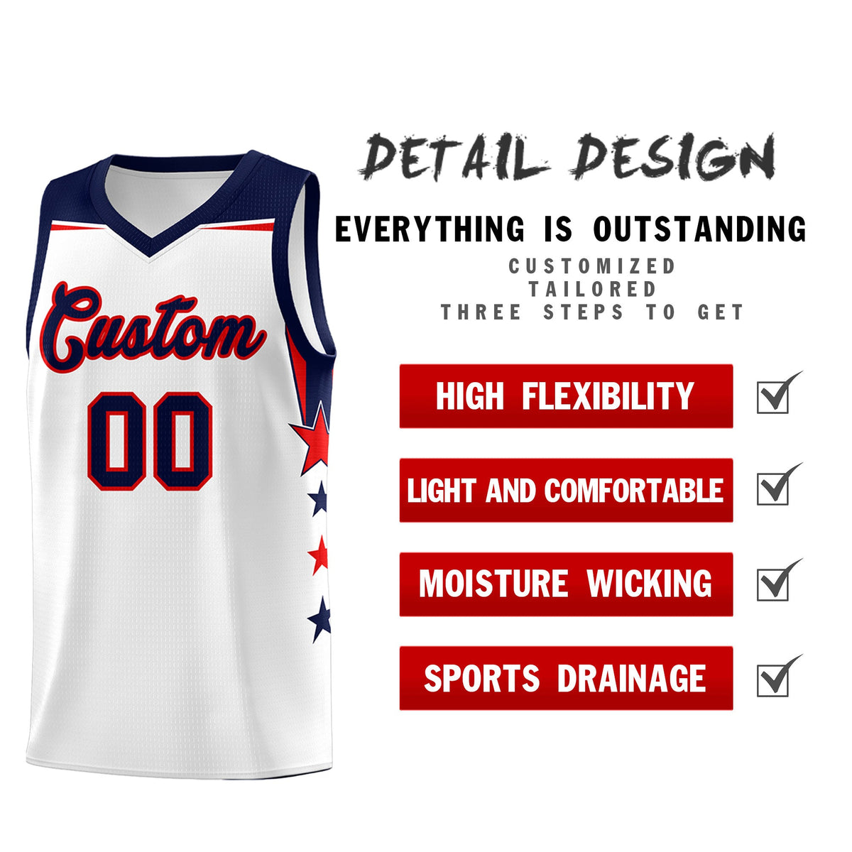 Custom Youth Basketball Uniform White Navy Two Tone Side Star Color Block Team Jersey