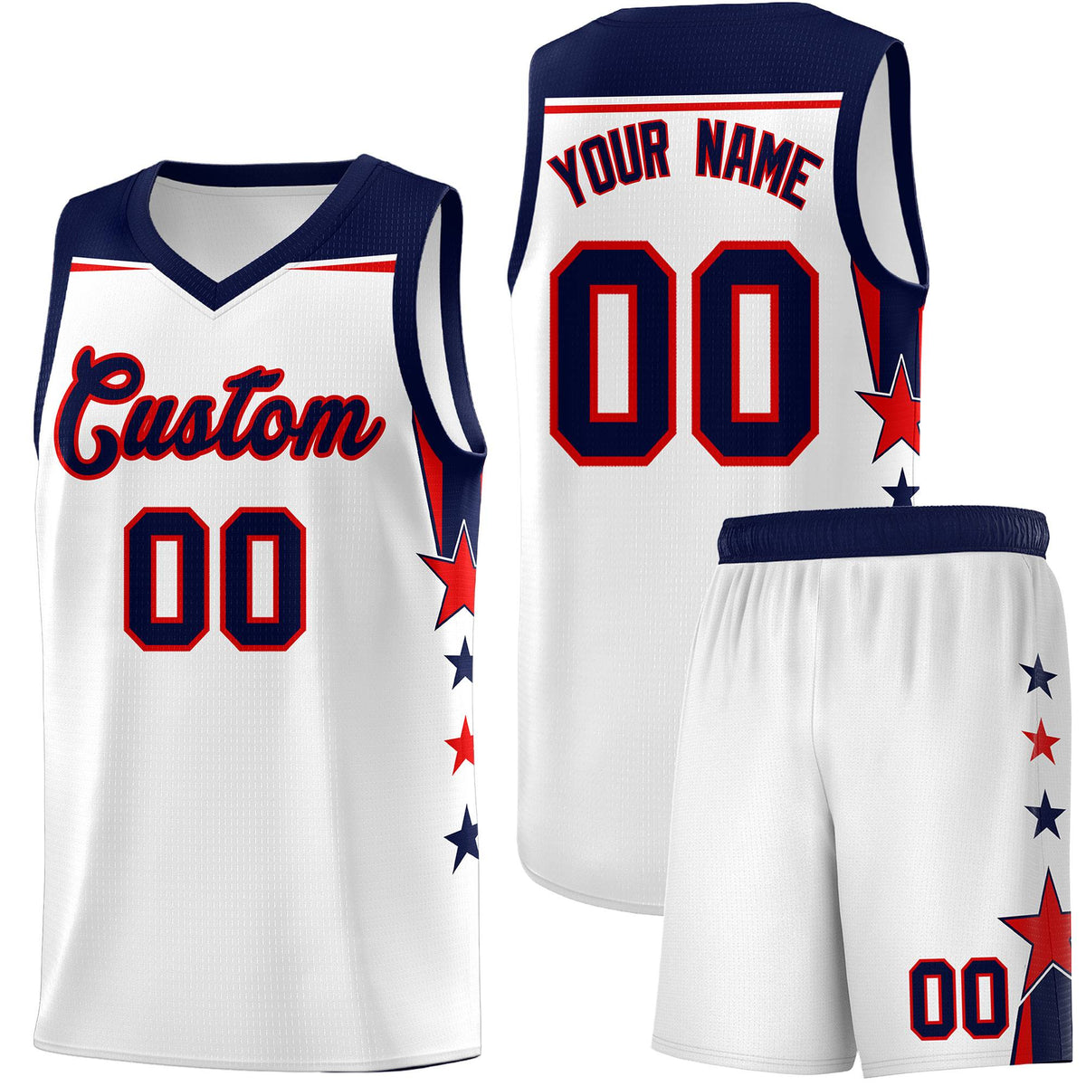 Custom Youth Basketball Uniform White Navy Two Tone Side Star Color Block Team Jersey