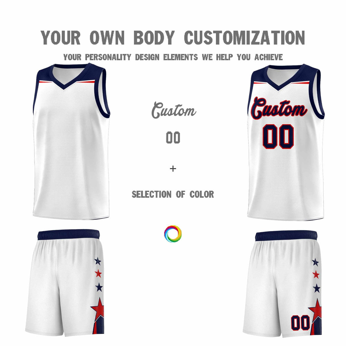 Custom Youth Basketball Uniform White Navy Two Tone Side Star Color Block Team Jersey
