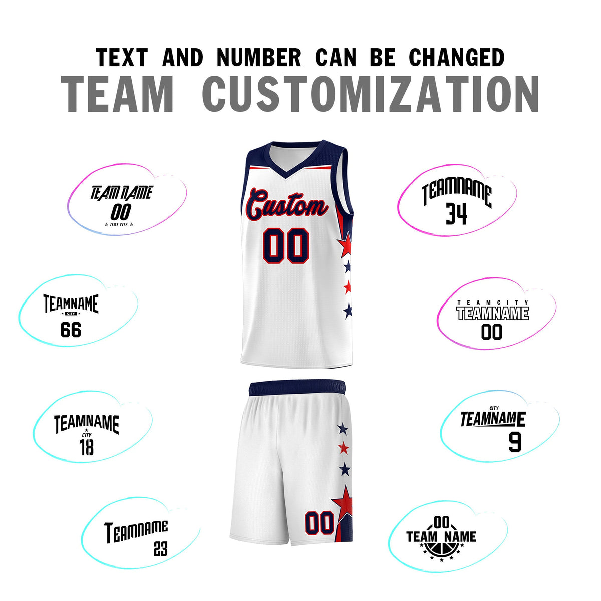 Custom Youth Basketball Uniform White Navy Two Tone Side Star Color Block Team Jersey
