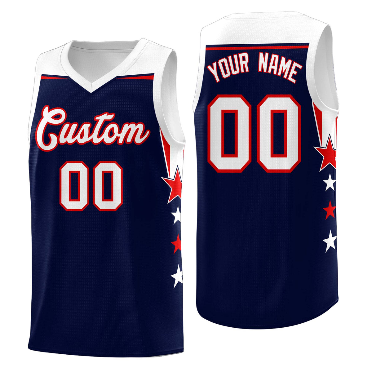 Custom Youth Basketball Uniform Navy White Two Tone Side Star Add Name Number &amp; Logo