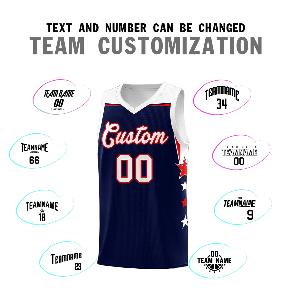 Custom Youth Basketball Uniform Navy White Two Tone Side Star Add Name Number &amp; Logo