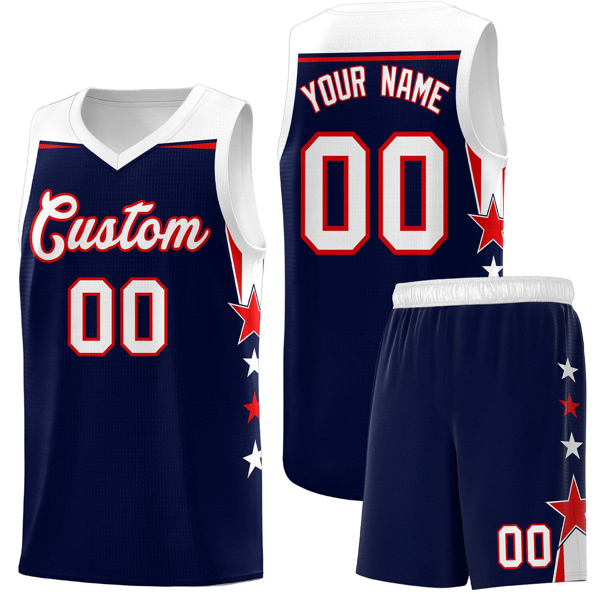 Custom Youth Basketball Uniform Navy White Two Tone Side Star Add Name Number &amp; Logo
