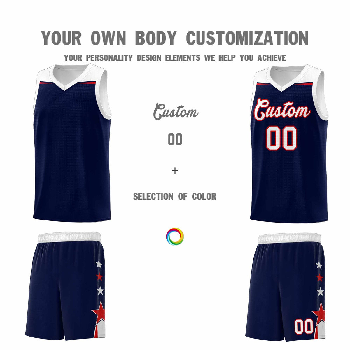 Custom Youth Basketball Uniform Navy White Two Tone Side Star Add Name Number &amp; Logo
