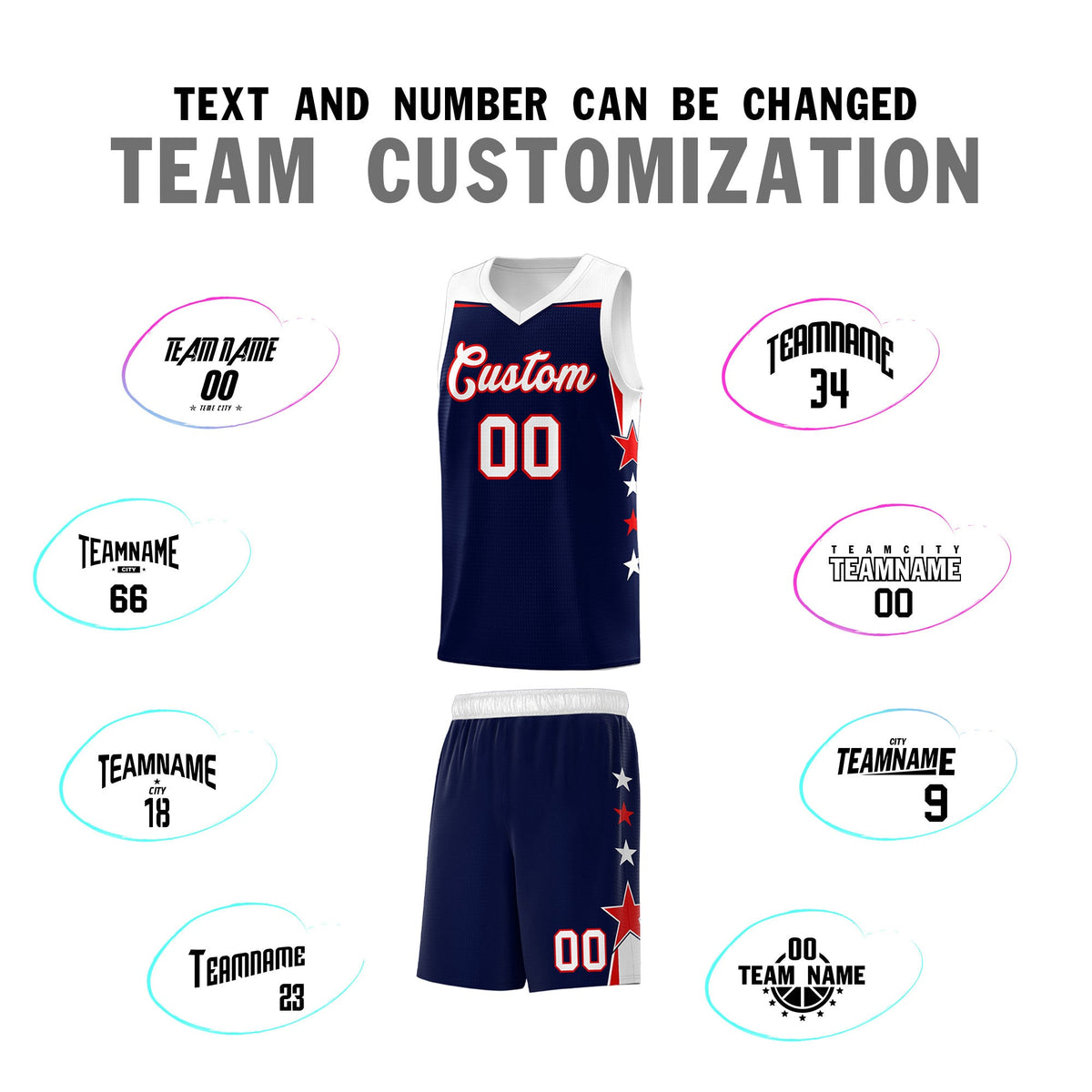 Custom Youth Basketball Uniform Navy White Two Tone Side Star Add Name Number &amp; Logo