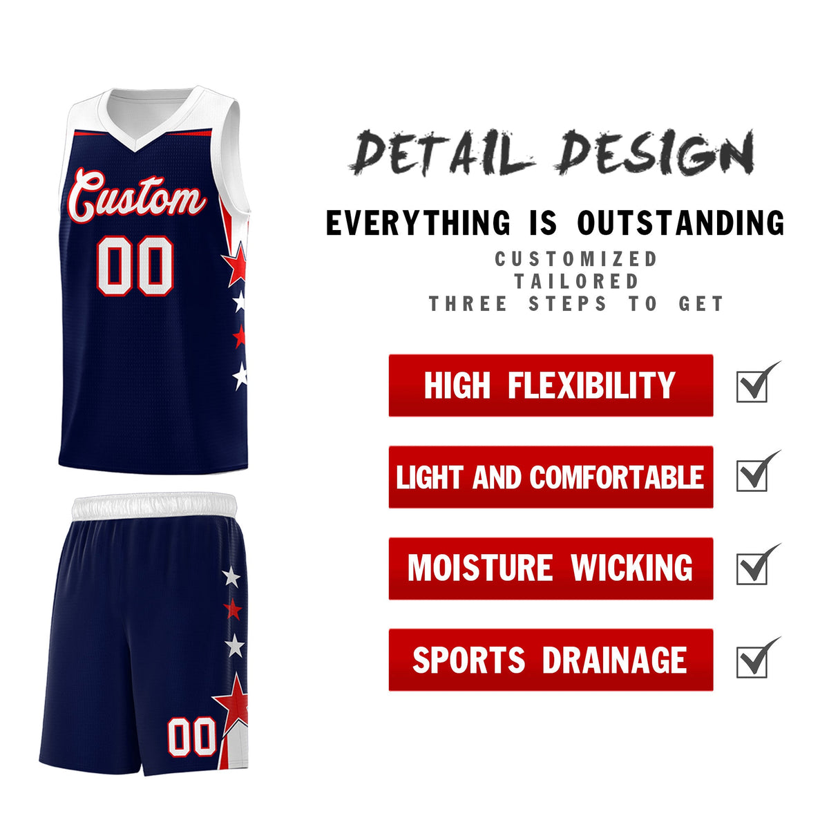Custom Youth Basketball Uniform Navy White Two Tone Side Star Add Name Number &amp; Logo