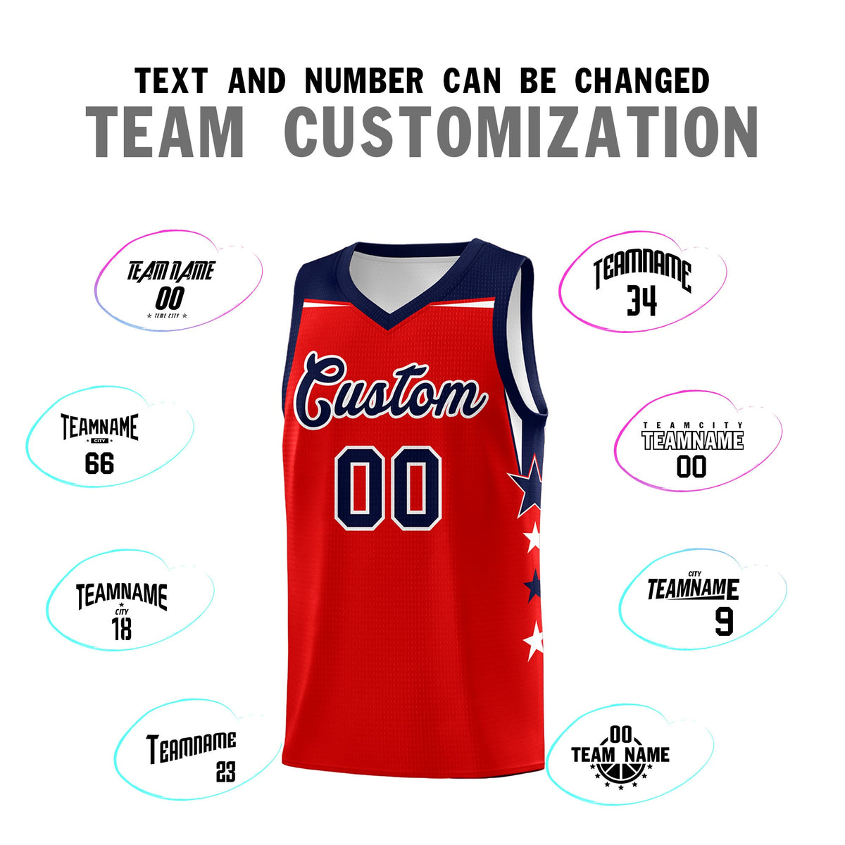 Custom Youth Basketball Uniform Red Navy Two Tone Side Star Personalized Team Jersey