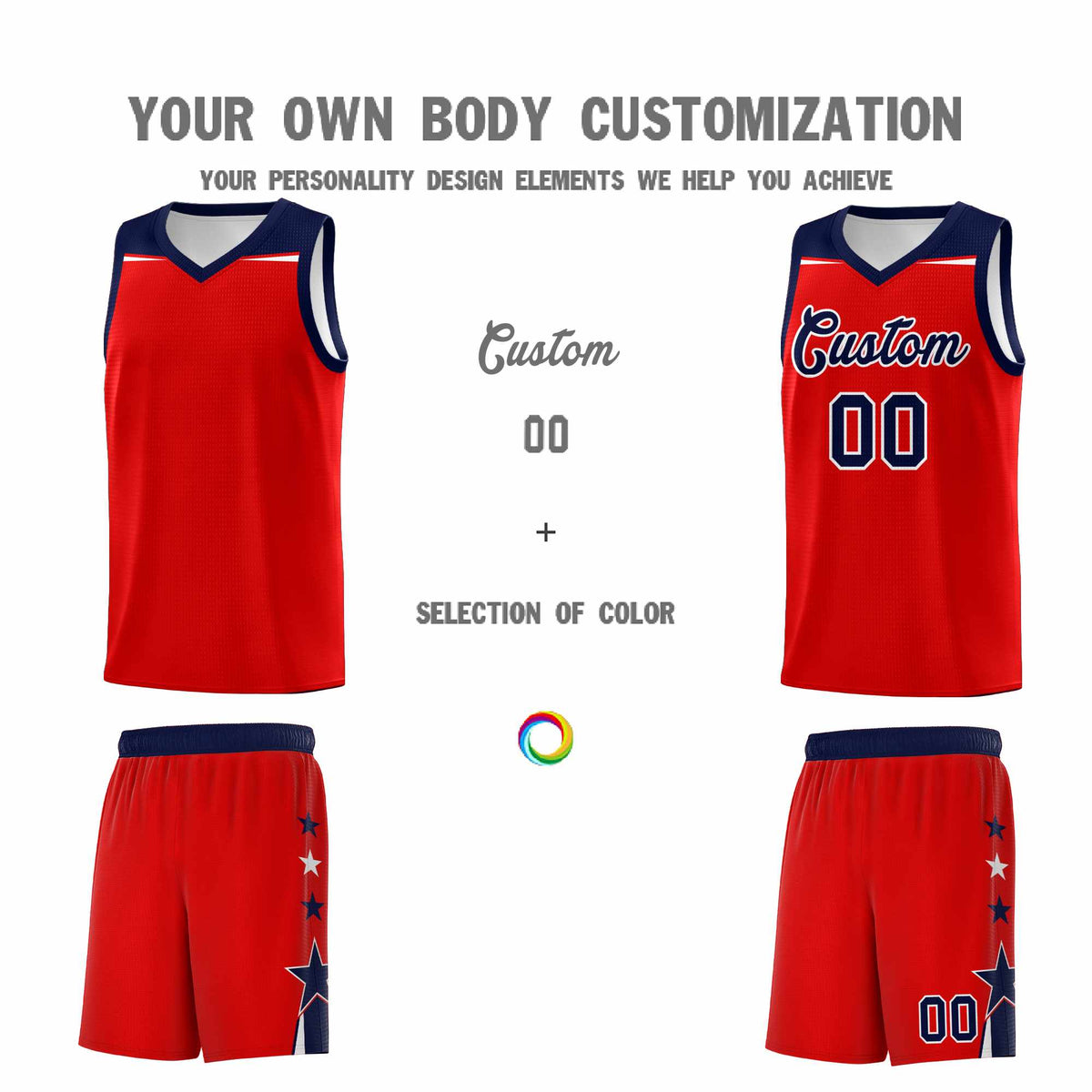 Custom Youth Basketball Uniform Red Navy Two Tone Side Star Personalized Team Jersey