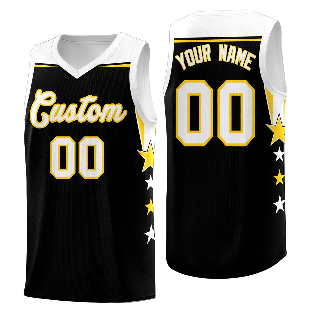 Custom Youth Basketball Uniform Black White Two Tone Side Star Add Name Number &amp; Logo