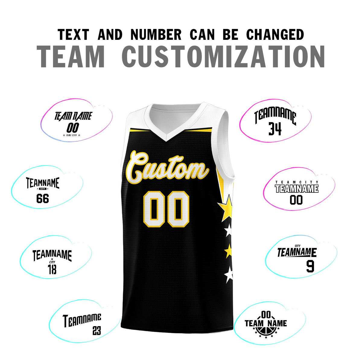 Custom Youth Basketball Uniform Black White Two Tone Side Star Add Name Number &amp; Logo