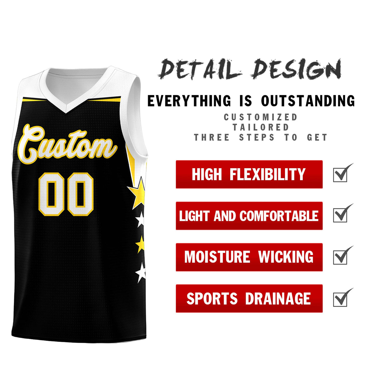 Custom Youth Basketball Uniform Black White Two Tone Side Star Add Name Number &amp; Logo