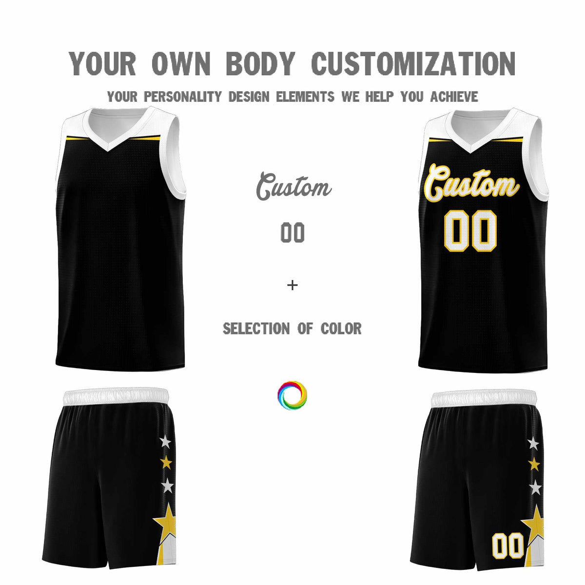 Custom Youth Basketball Uniform Black White Two Tone Side Star Add Name Number &amp; Logo