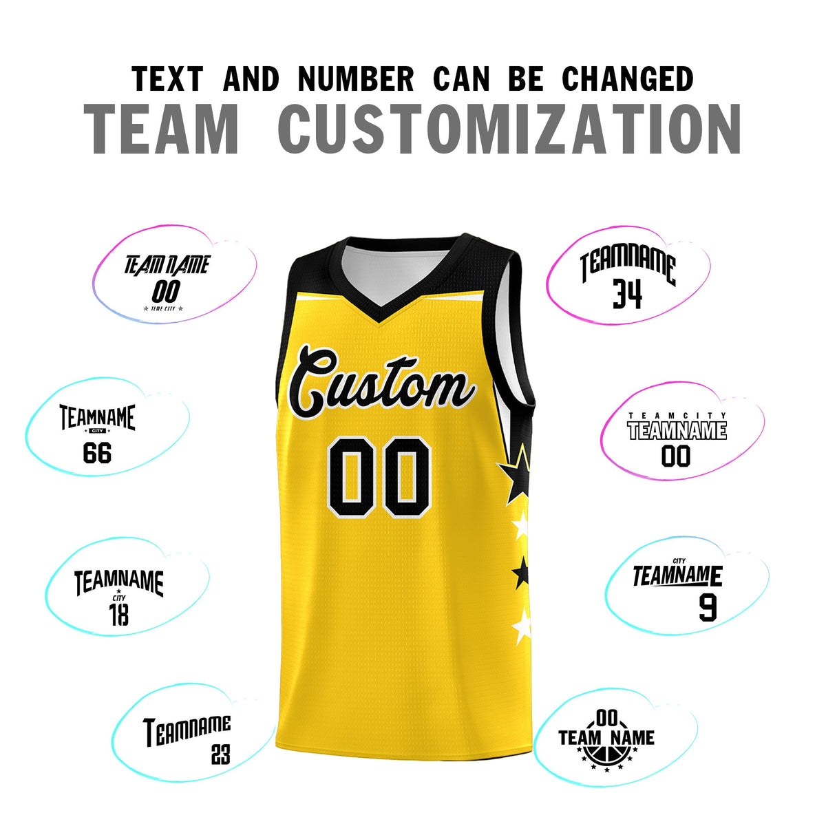 Custom Youth Basketball Uniform Gold Black Two Tone Side Star Personalized Team Jersey