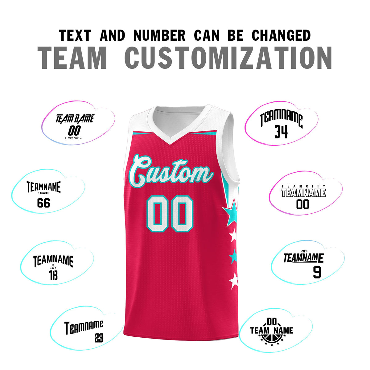 Custom Youth Basketball Uniform Red White Two Tone Side Star Add Name Number &amp; Logo