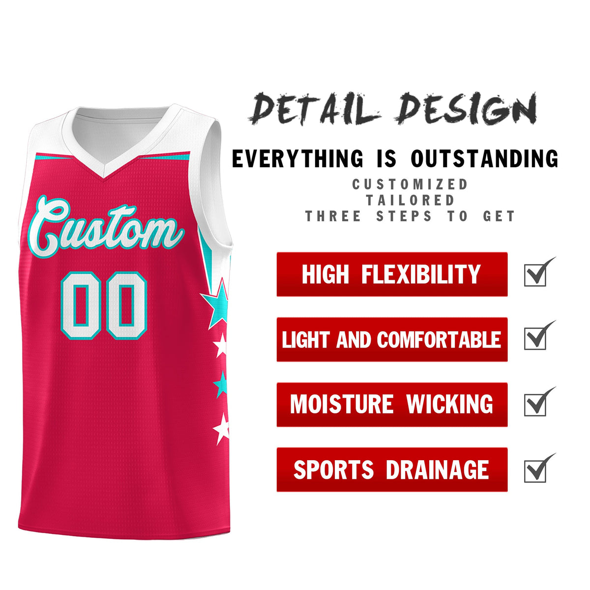 Custom Youth Basketball Uniform Red White Two Tone Side Star Add Name Number &amp; Logo