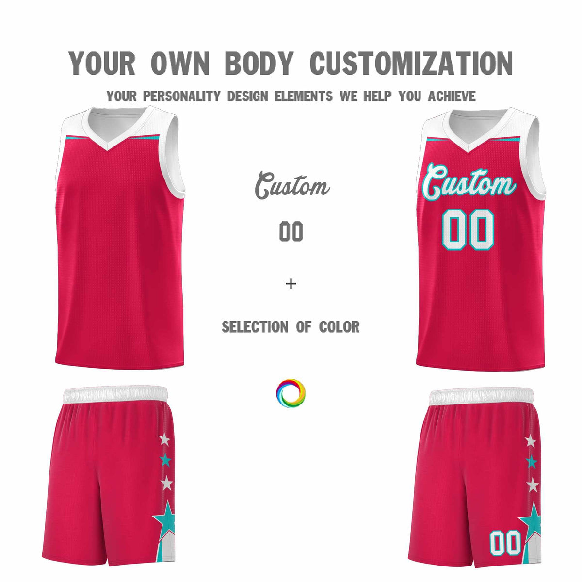 Custom Youth Basketball Uniform Red White Two Tone Side Star Add Name Number &amp; Logo