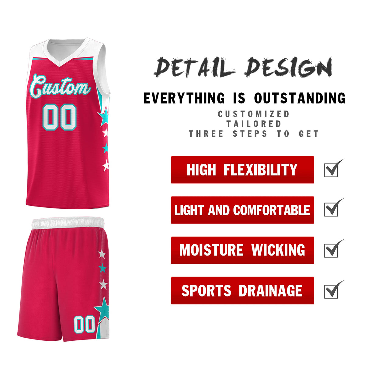 Custom Youth Basketball Uniform Red White Two Tone Side Star Add Name Number &amp; Logo